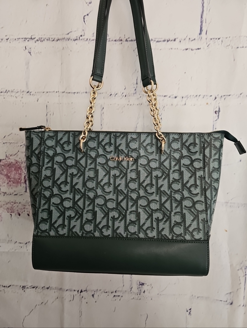 Calvin Klein Teal Blue Monogram Purse Top Handle Shoulder Bag Large